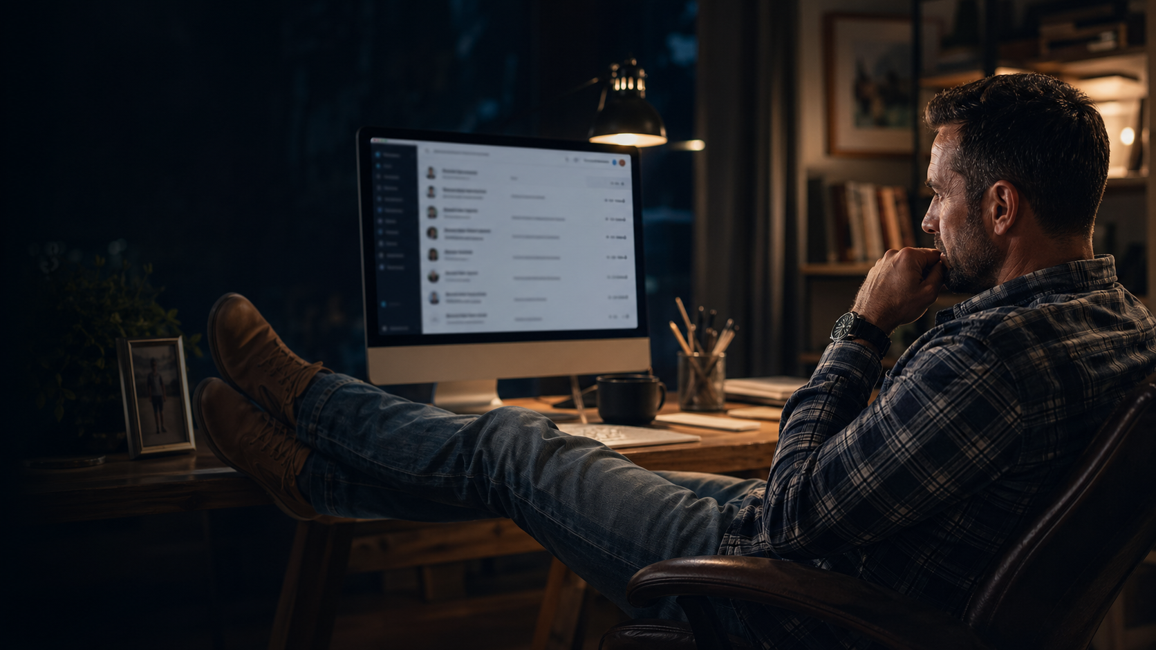 Business owner at home reviewing new contacts on a computer after hours